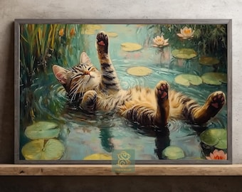 Relaxing Cat Canvas Print, Lily Pond Cat Poster, Cottage Botanical Wall Art