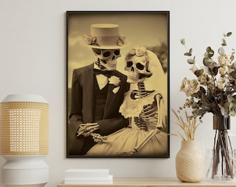 May include: Sepia-toned framed print featuring a skeletal bride and groom in wedding attire. The groom wears a top hat and suit, while the bride is in a dress and veil. They hold hands, creating a unique and gothic wedding theme.