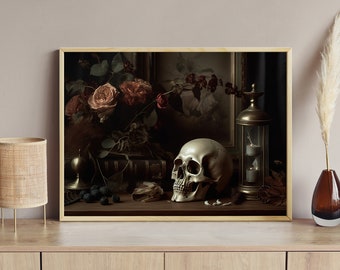 Dark Floral Skull Art Print: Gothic Still Life Poster
