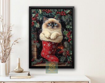 Vintage Christmas Cat Canvas Print: Holiday Kitten Wall Art Decor