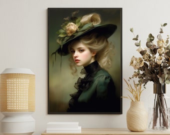 May include: A painting of a woman with blonde hair wearing a green dress and a large green hat with white flowers. The background is a soft green.