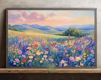 Wildflower Meadow Sunset Canvas Print: Rolling Hills Landscape Art