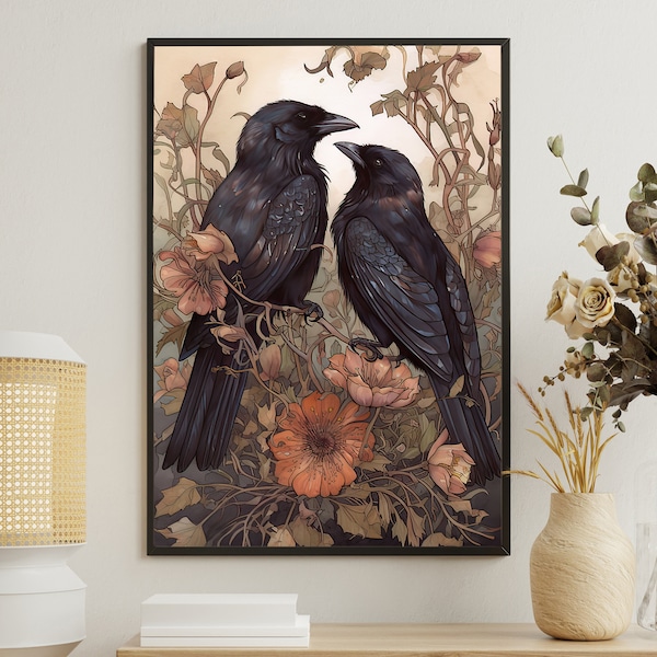 Vintage Couple Raven Painting, Retro Crow Art Print, Crow Canvas Print, Gothic Art Print, Dark Academia Art, Raven Poster, Crow Wall Decor