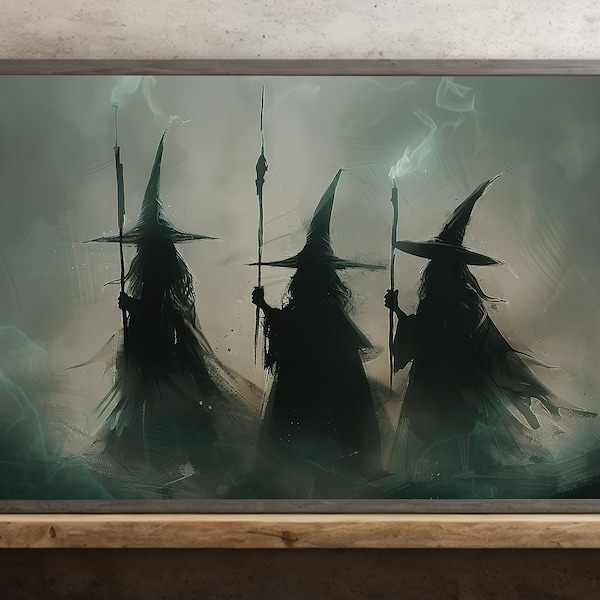 Three Witches Canvas Print: Dark Night Halloween Wall Art