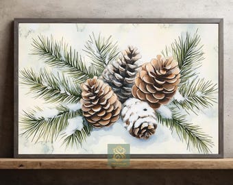 May include: Watercolor painting of pine cones and evergreen branches, dusted with snow, set against a soft, off-white background. The artwork is framed in a dark gray wooden frame, evoking a winter or holiday theme.