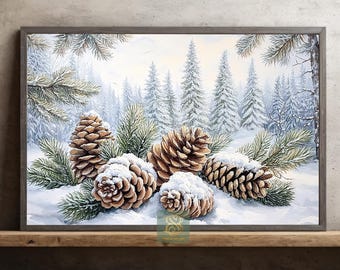 May include: A framed winter landscape painting featuring several brown pine cones dusted with snow, surrounded by green pine needles. The background shows a snowy forest with tall evergreen trees. The artwork is set in a gray wooden frame.