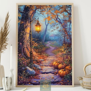 May include: A framed wall art print depicting an autumn forest path at twilight. A glowing street lamp illuminates a stone walkway lined with orange pumpkins. The scene features vibrant fall foliage in shades of gold, orange, and deep blue.
