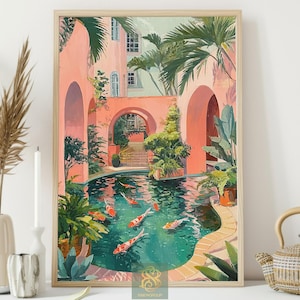 K&ouml;nnte beinhalten: Ein gerahmter Kunstdruck zeigt eine ruhige Hofszene. Das Kunstwerk zeigt einen Koi-Teich mit orange-wei&szlig;em Fisch, umgeben von &uuml;ppigem Gr&uuml;n und pfirsichfarbenen Torb&ouml;gen. Der Stil erinnert an ein Aquarell.