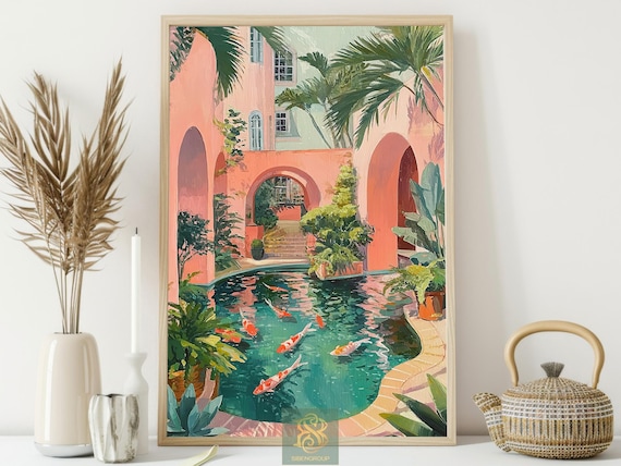 Tropical Koi Pond Canvas Print: Dreamy Mediterranean Garden Wall Art