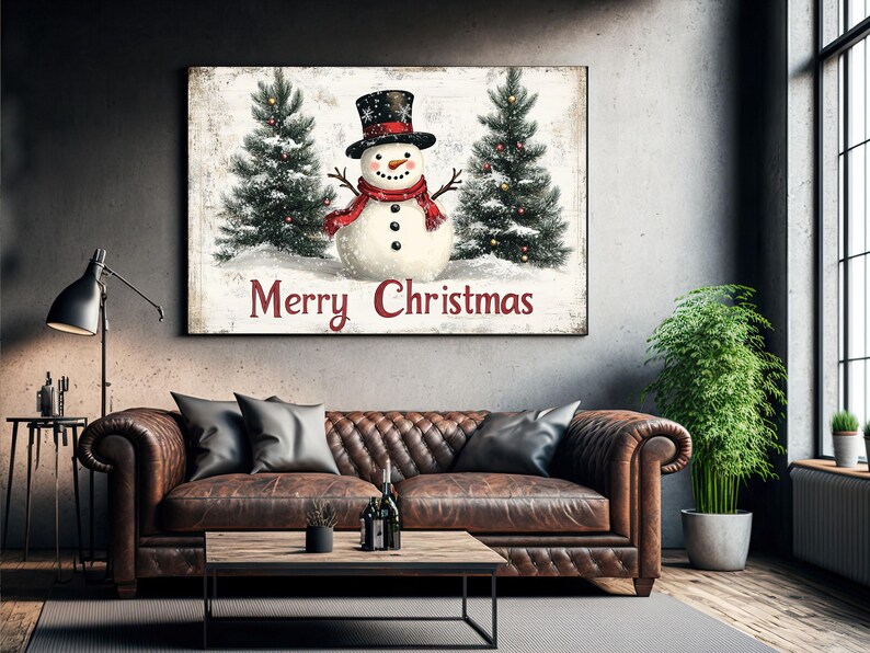 K&ouml;nnte beinhalten: Eine Weihnachtskarte im Vintage-Stil mit einem Schneemann mit rotem Schal und schwarzem Zylinder, der zwischen zwei schneebedeckten Kiefern steht. Die Karte tr&auml;gt den Schriftzug "Merry Christmas".