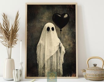 Ghost with Black Heart Balloon Canvas Print: Spooky Gothic Halloween Wall Art