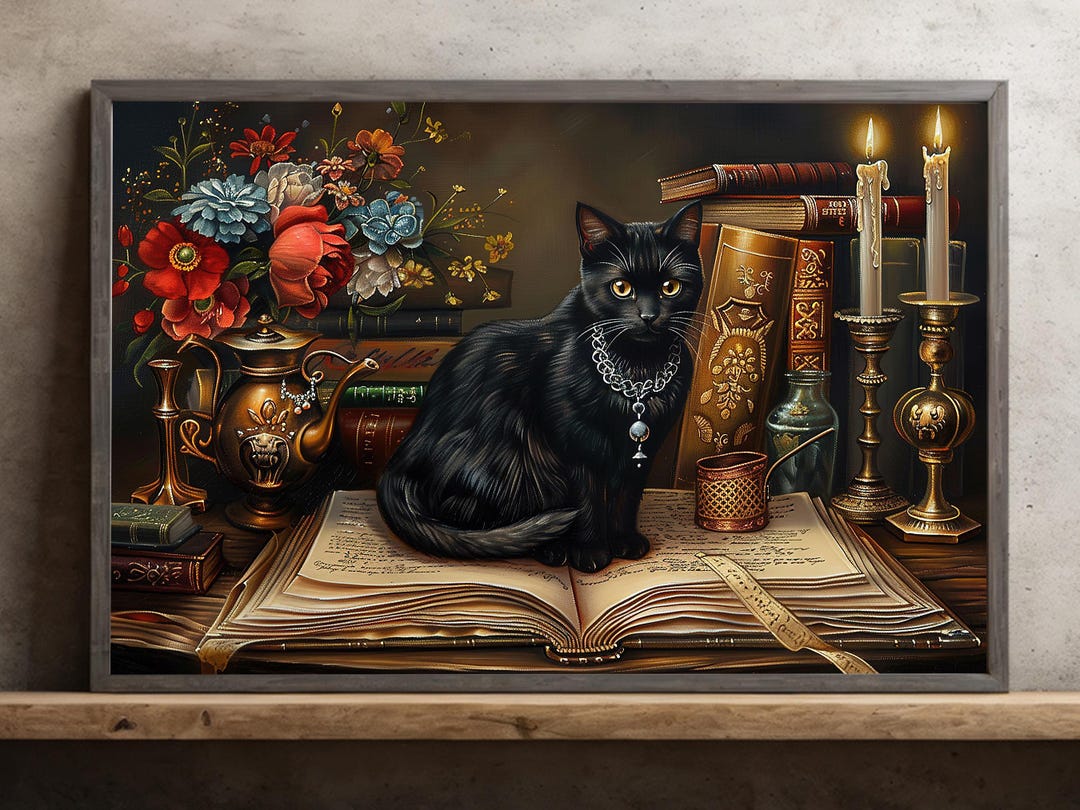 Black Cat Witch Canvas Print: Vintage Halloween Wall Art - Etsy