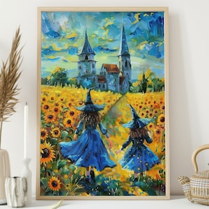 Cottage Young Witches In Flowers Garden Painting, Witchy Canvas Print, Witch Poster Print, Halloween Wall Art