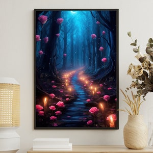 Magic Path Into Forest Painting, Enchanted Forest Art Print, Mythical Forest Canvas Print, Flowers Art Print, Magical Forest Poster Print