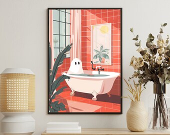 Vintage Ghost in Bath Canvas Print: Halloween Bathroom Wall Art