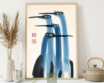 Blue Crane Chinese Canvas Print, Oriental Bird Poster, Asian Ink Wall Art