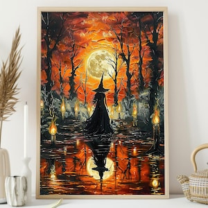 Cottage Moon Witch Painting, Dark Witchy Canvas Print, Witch Poster, Halloween Wall Art, Halloween Print