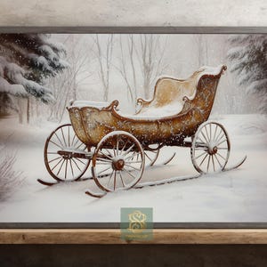 Vintage Santa&#39;s Sleight Canvas Print, Cottage Winter Poster, Snowy Wall Art, Winter Decor