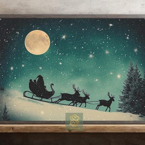 Vintage Santa&#39;s Sleight Canvas Print, Cottage Xmas Night Poster, Christmas Wall Art, Winter Decor