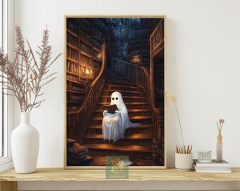 Ghost Reading Library Canvas Print: Spooky Vintage Book Nook Wall Art