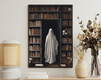 Ghost In Library Canvas Print: Spooky Gothic Halloween Wall Art