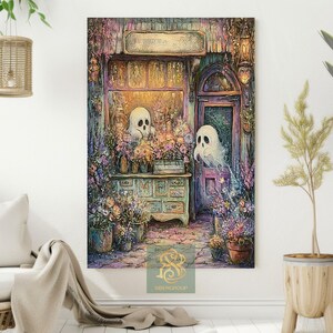 Haunted Flower Shop Canvas Print, Ghost Wall Art, Cozy Spooky Floral Poster, Autumn Cottagecore Decor, Whimsical Halloween Artwork zdjęcie 2