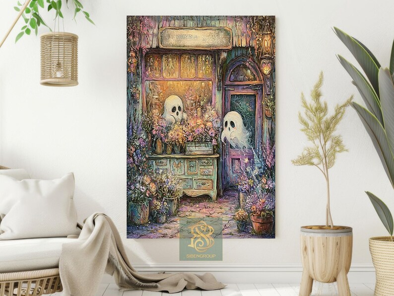 Haunted Flower Shop Canvas Print, Ghost Wall Art, Cozy Spooky Floral Poster, Autumn Cottagecore Decor, Whimsical Halloween Artwork zdjęcie 2