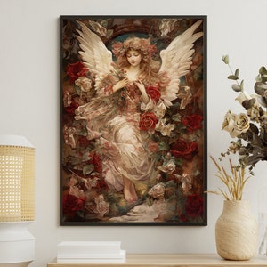 Vintage Floral Angel Painting, Angel Art Print, Angel Canvas Print, Angel Poster Print, Angel Wall Decor, Angels Wall Hanging