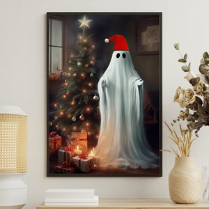 May include: A white ghost wearing a red Santa hat stands in front of a decorated Christmas tree with presents underneath. The ghost is glowing and has a friendly expression.