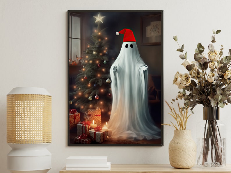 May include: A white ghost wearing a red Santa hat stands in front of a decorated Christmas tree with presents underneath. The ghost is glowing and has a friendly expression.