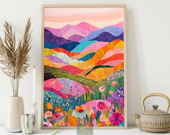 Colorful Mountain Floral Landscape Art Print, Vintage Canvas or Poster