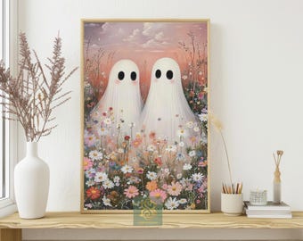 Whimsical Ghosts in Flower Field Canvas Print - Romantic Sunset Art