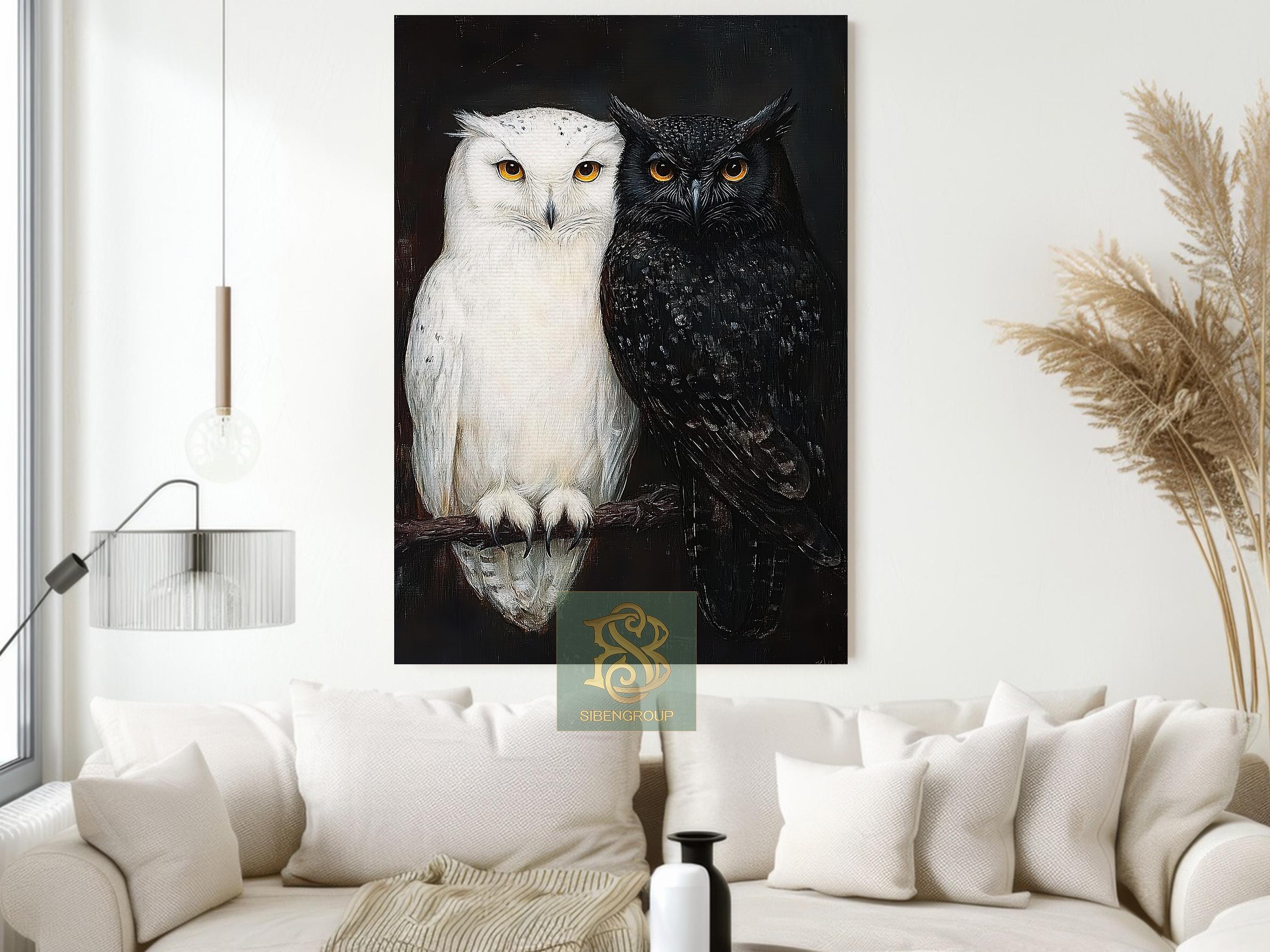 Owl Couple Canvas Print, Black and White Owls Poster, Bird Wall Art ...