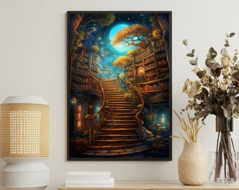 Enchanted Library Art Print: Mythical Books Painting, Vintage Canvas