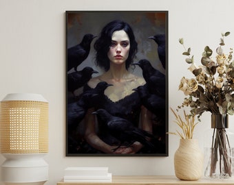 Crow Witch Art Print: Gothic Halloween Canvas Poster