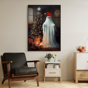 May include: A white ghost wearing a red Santa hat stands in front of a decorated Christmas tree with presents underneath. The ghost is in a room with a fireplace and a window.