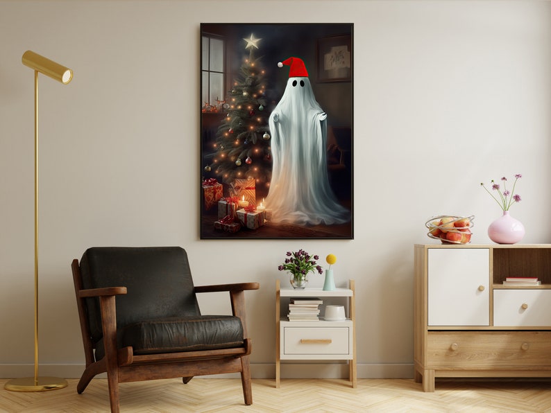 May include: A white ghost wearing a red Santa hat stands in front of a decorated Christmas tree with presents underneath. The ghost is in a room with a fireplace and a window.
