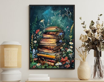 Vintage Magic Books Canvas Print: Retro Cottagecore Floral Wall Art