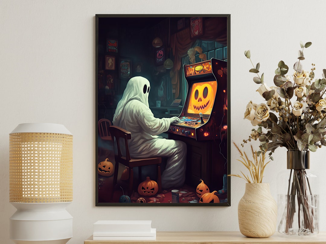 Retro Ghost Playing Video Game Canvas Art Print Dark Gothic Ghost