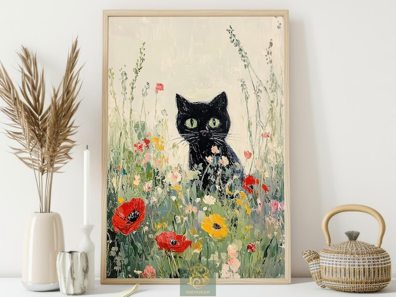 Black Cat Wildflower Field Canvas Print: Whimsical Feline Wall Art - Etsy