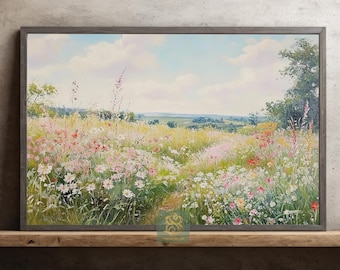 Wildflower Meadow Canvas Print, Country Field Landscape Poster, Rustic Nature Wall Art Decor