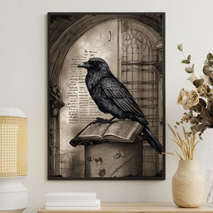 Classic Crow On Magical Book Canvas Art Print - Black Raven Poster Print