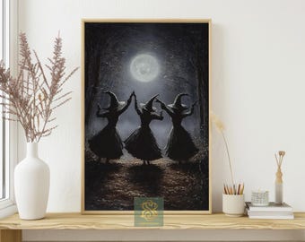 Dancing Witches Canvas Print: Spooky Halloween Full Moon Forest Art