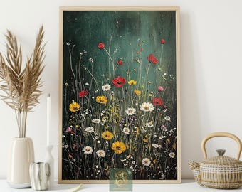 Midnight Meadow Canvas Print, Wildflower Bloom Poster Print, Rustic Floral Field Wall Art Decor