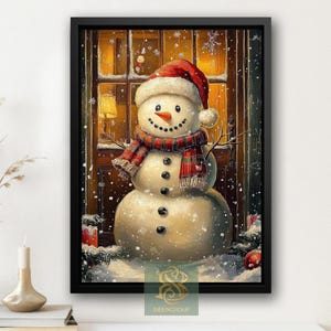 Vintage Snowman Canvas Print, Cozy Snowman Poster, Snowy Wall Art, Winter Decor, Christmas Wall Art