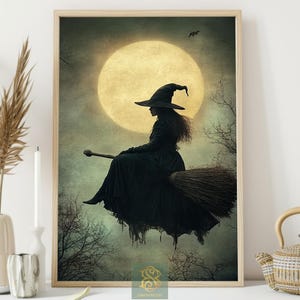 Witch and Full Moon Canvas Print, Flying Halloween Broom Poster, Spooky Midnight Silhouette Wall Art