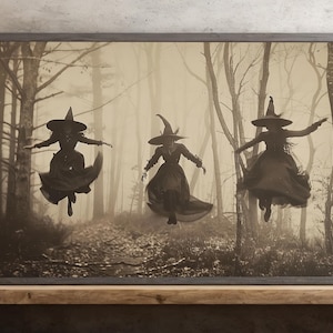 Classic Witch Flying Under Moon Painting, Witchy Canvas Print, Witch Poster, Halloween Wall Art, Halloween Decor