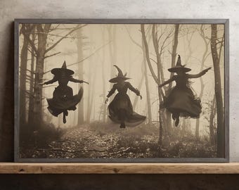 Vintage Witch Flying Under Moon Canvas Print, Halloween Wall Art