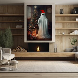 May include: A white ghost wearing a red Santa hat stands in front of a decorated Christmas tree with presents underneath. The ghost is in a living room with a fireplace and a couch.