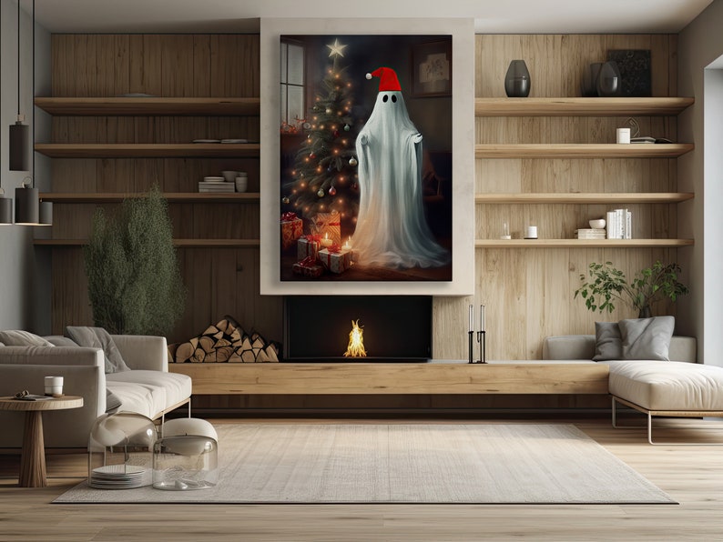 May include: A white ghost wearing a red Santa hat stands in front of a decorated Christmas tree with presents underneath. The ghost is in a living room with a fireplace and a couch.